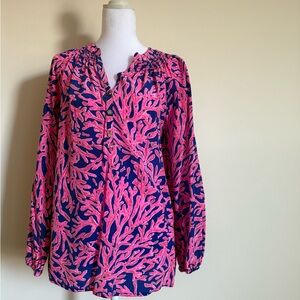 Lilly Pulitzer Vibrant Coral Print Elsa Blouse size medium 100% silk